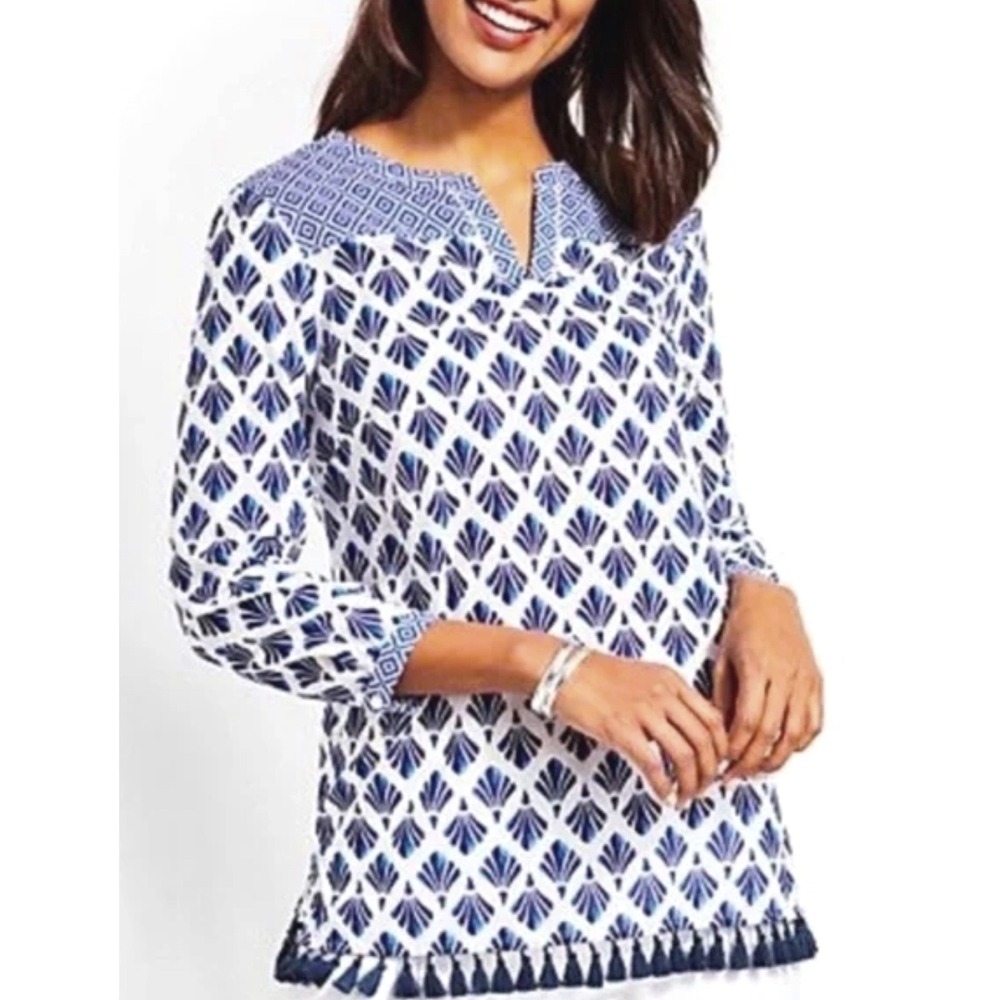Talbots Womens Tunic Top S V Neck Blue White Tassels 3/4 Sleeve‎ Resort Nautical